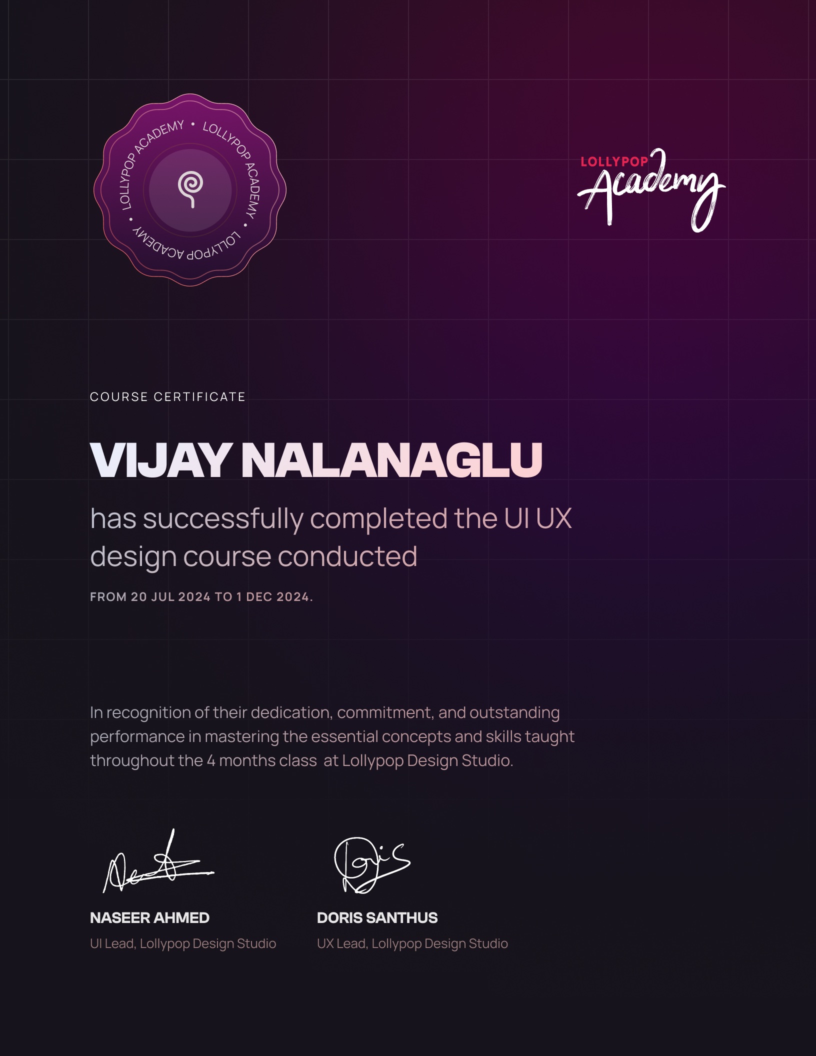 Lollypop Academy — UI/UX Design Course certificate awarded to Vijay Nalanaglu, Jul–Dec 2024
