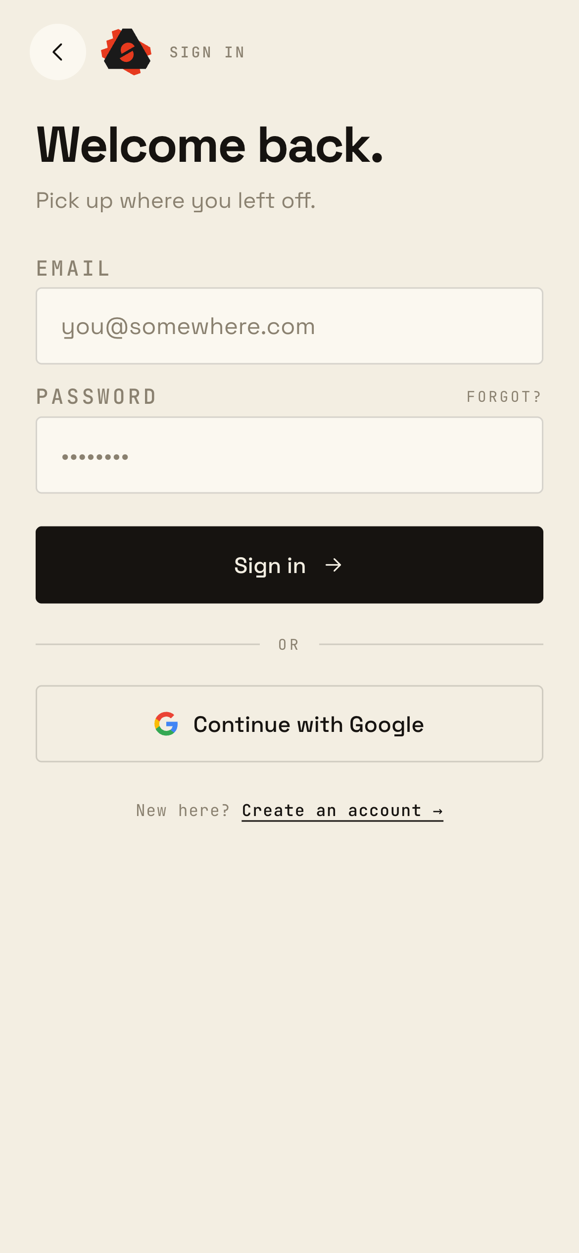 Splizza sign-in screen showing form primitives
