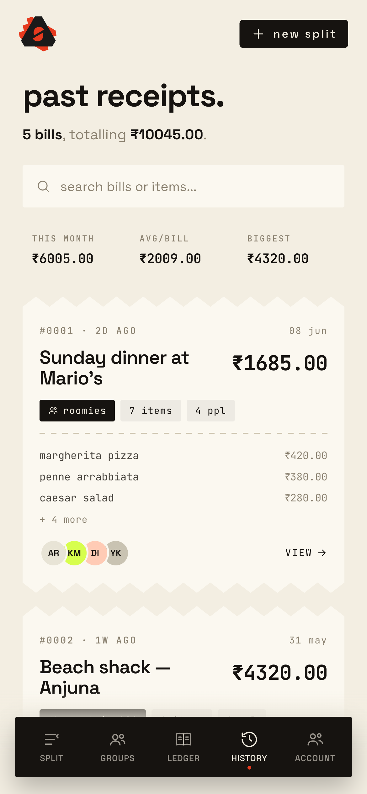 Splizza past receipts with zigzag-edged receipt cards